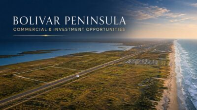 Aerial-style view of Bolivar Peninsula commercial and investment opportunities along Highway 87 between the Gulf and bay.